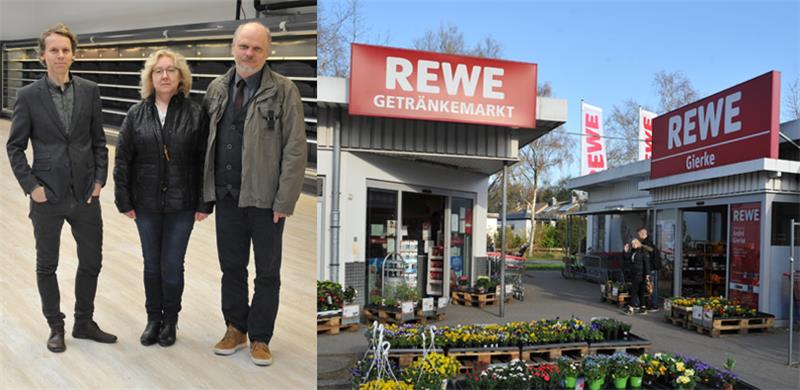 Ab dem 27. April werden Margita und André Gierke (rechts) im ehemaligen T+T-Markt ihren Rewe-Markt betreiben. Links: Architekt Kolja Harms. Rechts: Diese beiden Gebäude werden abgerissen. Fotos Wisser