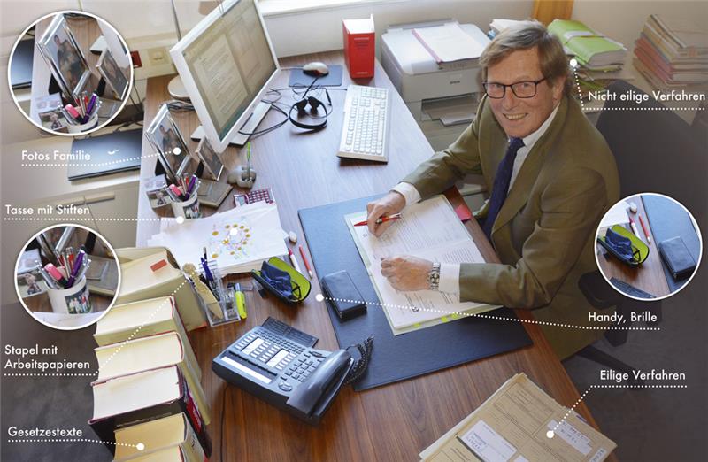 Carl-Fritz Fitting, Präsident des Landgerichts Stade, an seinem Schreibtisch.  Foto: Stephan