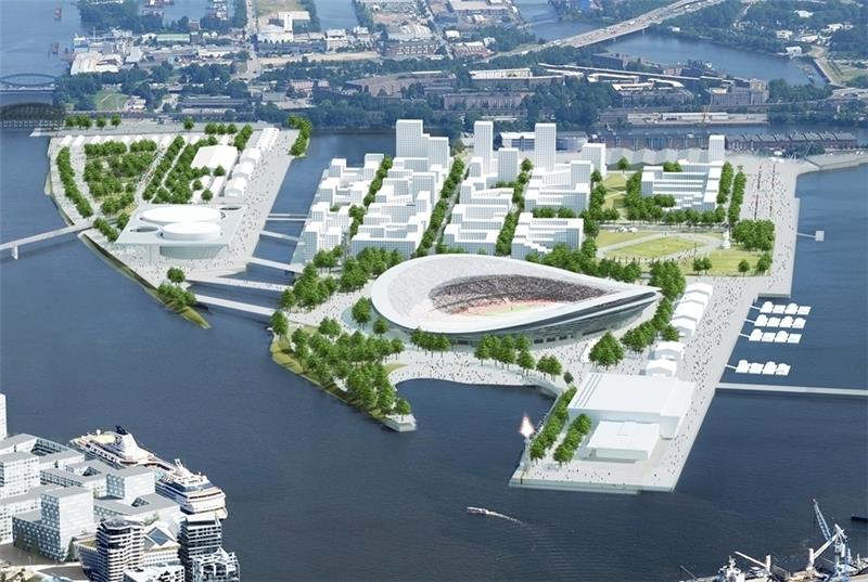 Das geplante Olympiastadion auf dem Kleinen Grasbrook für die Olympischen Spiele 2024 in Hamburg.    Visualisierung KCAP