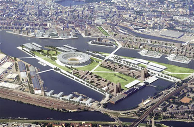 Das geplante Olympiastadion mit der „Olympic City“ auf dem Kleinen Grasbrook im Hafen von Hamburg. Foto dpa
