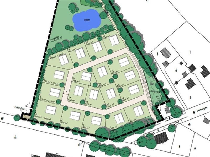 Das neue Baugebiet in Haddorf mit viel Grün und Regenrückhaltebecken.