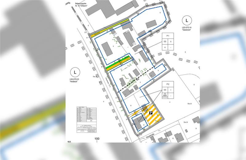 Der Bebauungsplan „Hauptstraße/Mauerweg“, vorgelegt vom Büro „Cappel + Kranzhoff“, sieht einen Parkplatz für Friedhofsbesucher mit Zufahrt (gelb-weiß schraffiert) nördlich der Kupfer-Unikate vor. Gelb sind die Zufahrtsstraßen markiert: der Mauerweg und eine zweite noch nicht vorhandene Stichstraße – von der B 73 (links) zu den von einem Investor geplanten Mehrfamilienhäusern mit 26 Wohnungen.