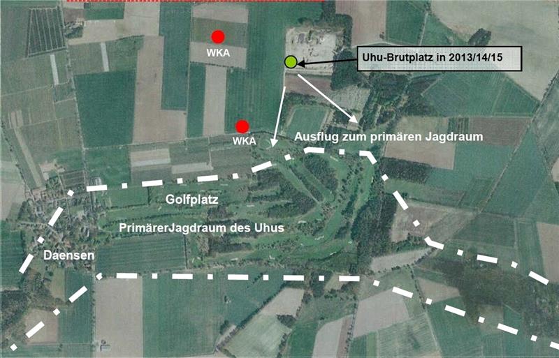 Der Plan zeigt die Standorte der Windkraftanlagen (rot); östlich ist der Uhu- Brutplatz, Beute gejagt wird auf dem Golfplatz in Daensen. Foto Google Earth