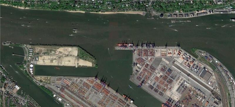 Der Westen des Hamburger Hafens aus der Luft: Rechts unten ist das Container-Terminal Burchardkai zu sehen. Auf der Fläche links will Eurogate sein Terminal erweitern. Dagegen wehren sich die Bewohner auf der anderen Elbseite, die Lärm fürc