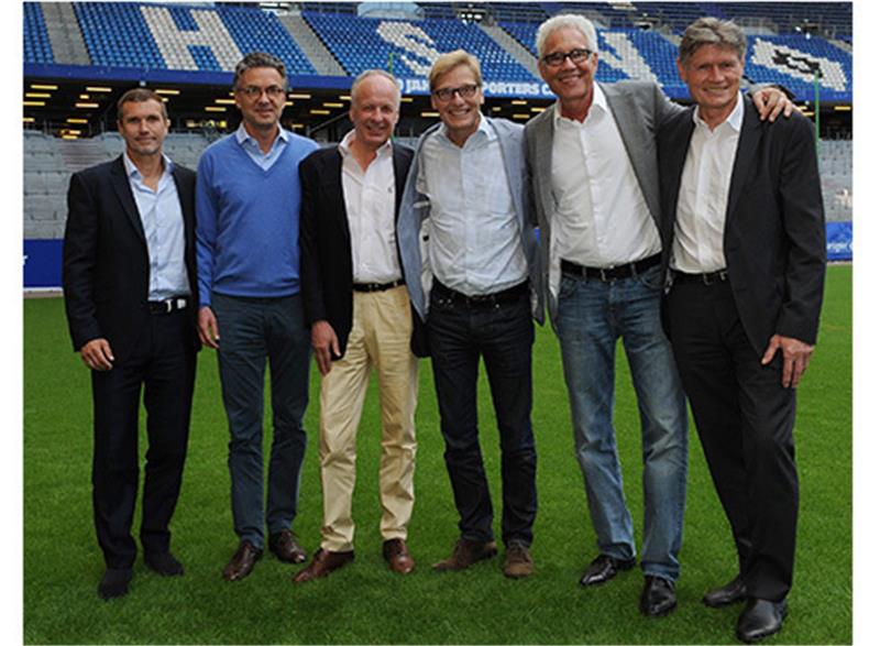 Der neue designierte Aufsichtsrat Fußball Hamburger SV, (Mitgliederversammlung 2014): v.l. Thomas v. Heesen, Felix Goednandt, Dieter Becken,Karl Gernandt, Bernd Boente, Peter Nogly. Foto: witters.de