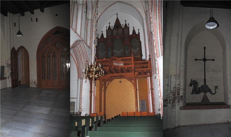 Die Kleine Winterkirche kommt: Die Staubschutzwand (Mitte) unterhalb der Orgel-Empore steht bereits, der Boden in der Turmkapelle ist abgedeckt. Fotos Vasel