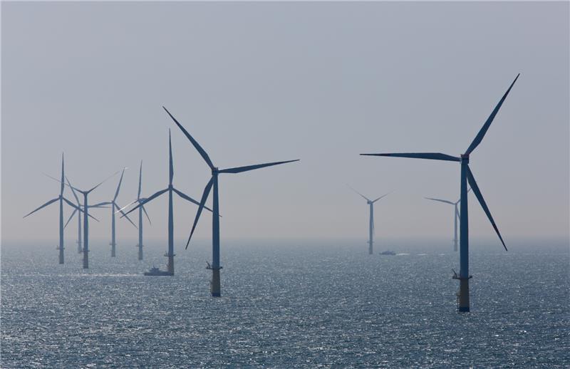 Diese Windräder im Windpark Nordsee Ost stehen im Wasser, 30 Kilometer vor Helgoland. Auch der hier erzeugte Strom soll über Suedlink in den Süden weitergeleitet werden.