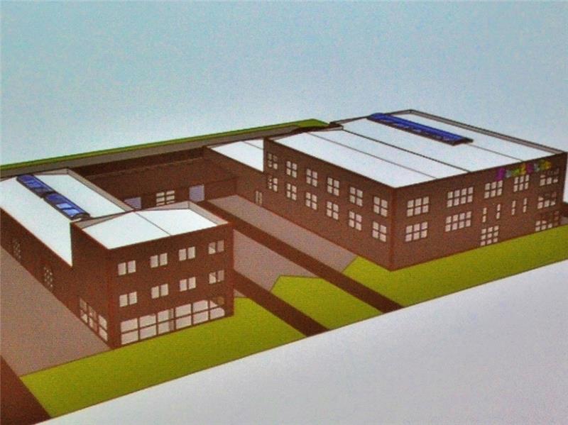 Eine erste Zeichnung ihres Vorhabens zeigte Jessica Malc in der öffentlichen Bauausschusssitzung im Neu Wulmstorfer Rathaus. Neben dem Autohaus (links) soll ein Indoor-Spielpark gebaut werden.