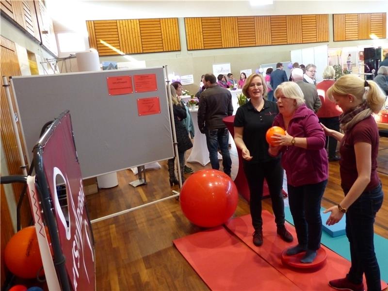 Erste Gesundheitsmesse in Himmelpforten Eine wackelige Angelegenheit, aber Cornelia Jakubowski probiert das Balancebrett aus.