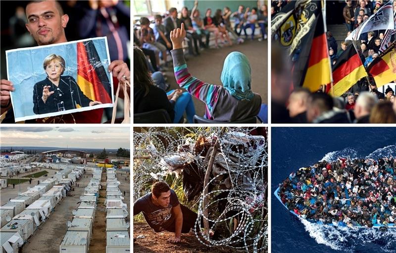 Flüchtlingsströme, Demonstrationen, Parallelgesellschaften : Die internationalen Flüchtlingsströme und ihre Herausforderungen sind in Deutschland das große und streitbare Thema. Fotos dpa/ Collage Mattern