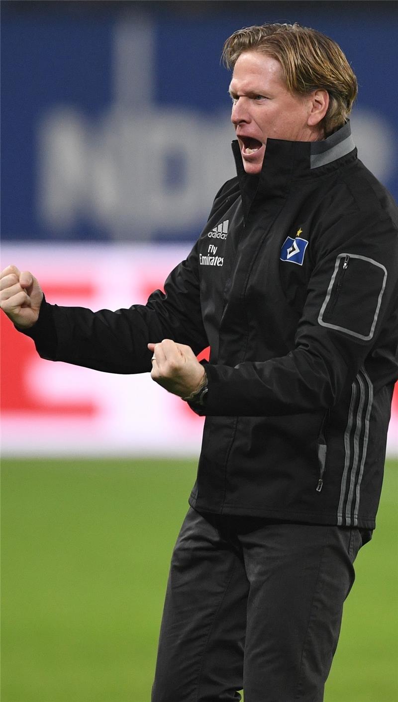 Hamburgs Trainer Markus Gisdol jubelt beim Abpiff. Foto Heimken/dpa
