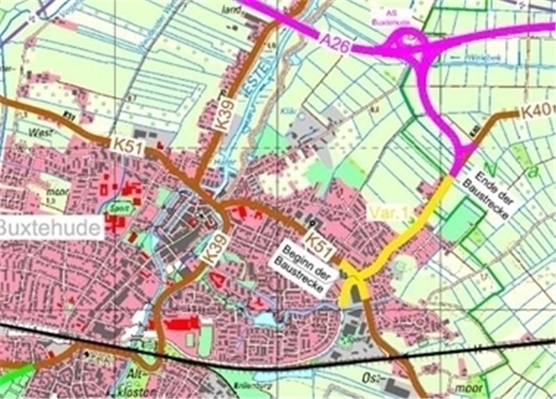 In Buxtehude soll die Rübker Straße (K 40; gelb) zu einem A 26-Zubringer ausgebaut werden – mitten durch ein Wohngebiet. Karte TAGEBLATT