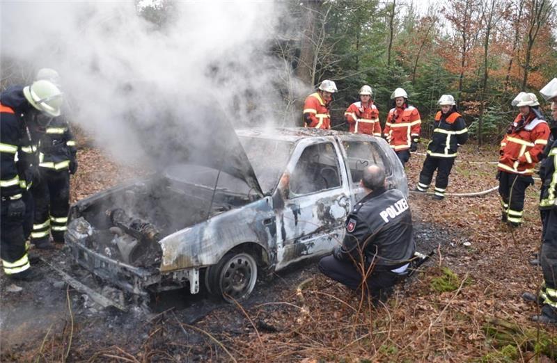 In einem Waldstück wurde das mutmaßliche Tatfahrzeug brennend aufgefunden. Foto: Archiv