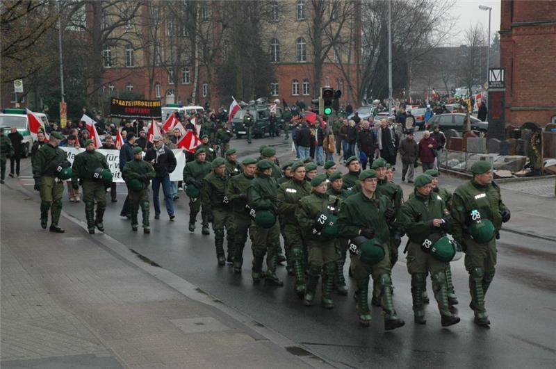 März 2006 in Stade: Die Polizei muss die NPD-demonstration mit mehreren Hundertschaften sichern. Foto: Stephan