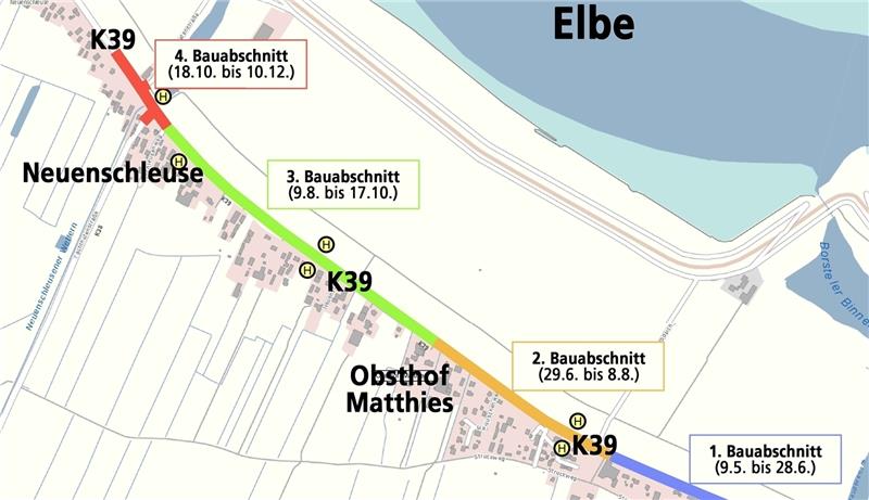 Vollsperrung am Elbdeich: Die K 39 wird von Mai bis Dezember zwischen Borstel und Neuenschleuse in vier Abschnitten (farbig markiert) saniert.