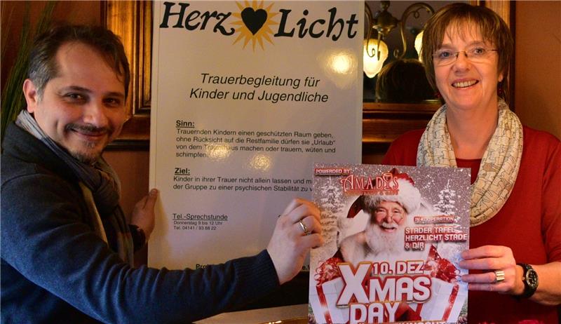 Werben für die Aktion im Restaurant „Amadys“ : Gastronom Amir Afschartabbar und Trauerbegleiterin Maria Traut hoffen auf Spender. Foto Beneke