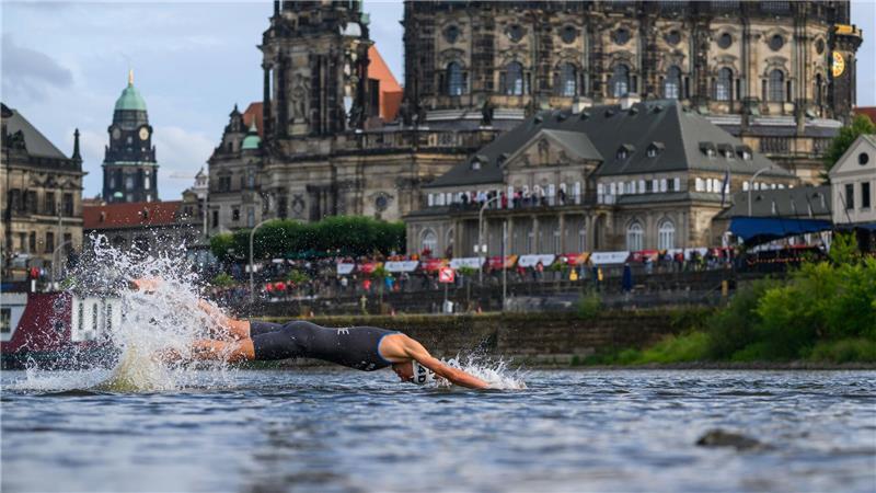 Bilder des Tages Ein Athlet springt bei der Deutschen Meisterschaft im Triathlon in Dresden in die Elbe.