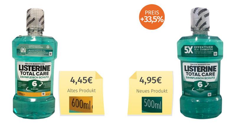 100 Milliliter fehlen, damit bleibt die Flasche Listerine optisch nahezu gleich. Foto: Verbraucherzentrale Hamburg