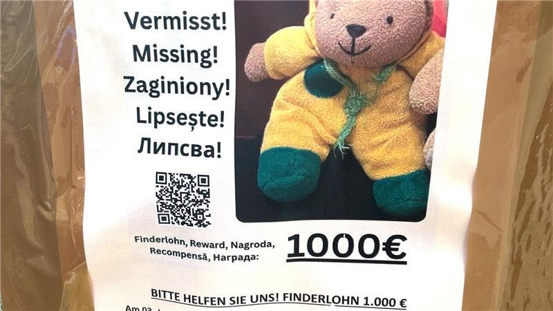 Nach Teddybär-Diebstahl in Berlin noch keine heiße Spur 1.000 Euro Finderlohn sind auf Steckbriefen in der Hauptstadt ausgesetzt, „wenn das Bärchen unversehrt zu uns zurückkehrt“.