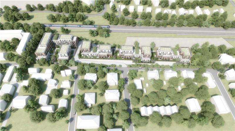 140 Wohnungen südlich der Bahn: Das Wohngebiet soll über die Bahnstraße – über eine Rampe – erschlossen werden. Visualisierung: Schenk + Waiblinger Architekten / AVW AG