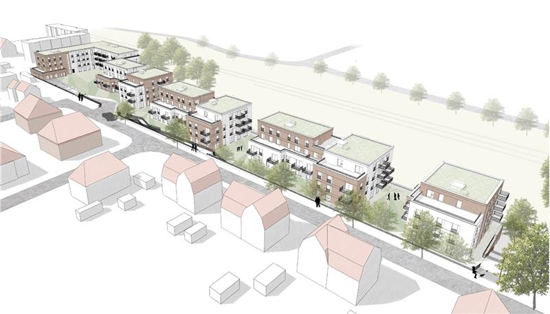 140 Wohnungen südlich der Bahn: Das Wohngebiet soll über die Bahnstraße - über eine Rampe - erschlossen werden. Visualisierung: Schenk + Waiblinger Architekten/ AVW AG