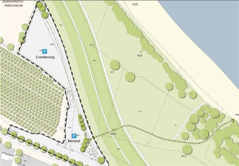170 neue Parkplätze (oben) kommen zu den 170 vorhandenen am Bassenflether Strand dazu. Grafik Elbberg