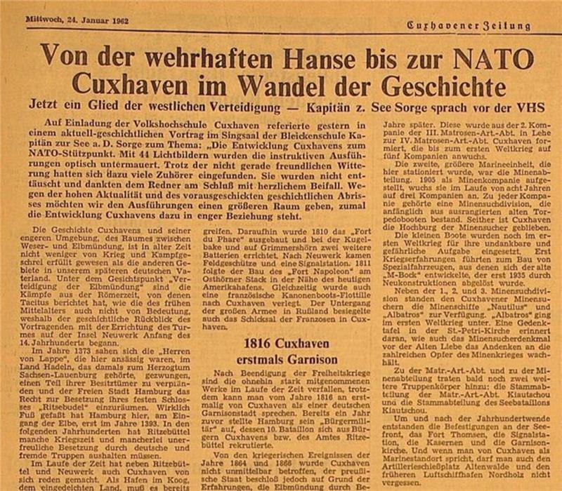 1962 hielt Herbert Sorge in der VHS einen Vortrag über die Marinestadt Cuxhaven, den die Cuxhavener Zeitung besonders umfangreich dokumentierte. Nur sein früheres Wirken wurde mit keinem Wort erwähnt. Foto: Stadtarchiv Cuxhaven