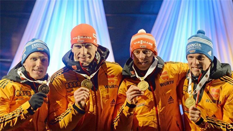 2015 holten Erik Lesser (links) mit Arnd Peiffer, Daniel Böhm und Simon Schempp das bislang letzte WM-Gold für die deutsche Männer-Staffel.