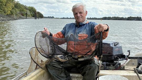 Aal in der Reuse: Elbfischer Lothar Buckow freut sich auf der Hahnöfer Nebenelbe über seinen Fang.