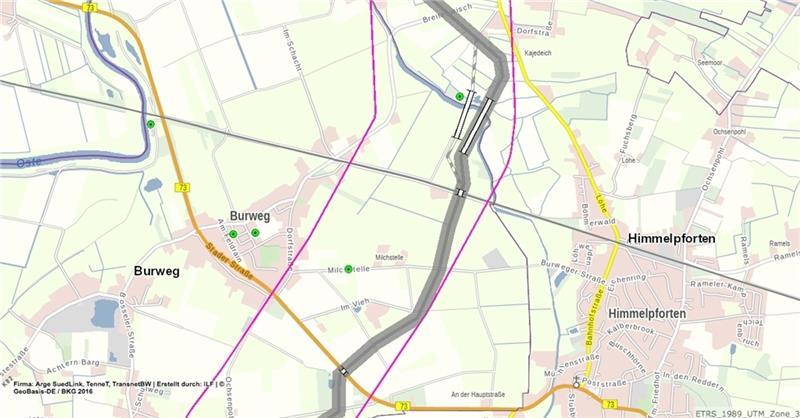 Abbildung aus dem Online-Portal, mit dem Netzbetreiber Tennet über den geplanten Verlauf der Stromleitung Südlink (grau) innerhalb der Grenzen (Pinks) des festgelegten Korridors informiert. Die grünen Punkte informieren über bereits eingega