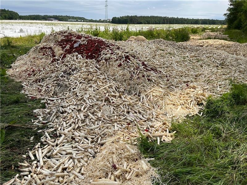 Abgekippt: Spargel und Obst wie Erdbeeren liegen am Waldrand südlich eines Feldes am Heuweg in Dollern. Foto: Vasel