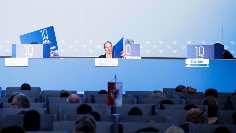 AfD-Bundesvorsitzende und Fraktionsvorsitzende der AfD, Alice Weidel bei der Europawahlversammlung in der Messe Magdeburg.
