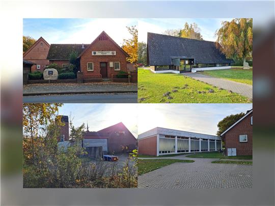 Alt und klein: das Dorfgemeinschafts- und Feuerwehrhaus in Ohrensen (oben links). Sanierungsbedürftig: die Friedhofskapelle in Ohrensen (oben rechts). Sahnestück: das Areal vom Landhandel mitten in Bargstedt (unten links). Marode: die Sportanlagen für Grundschüler und Vereinsmitglieder (unten rechts). Fotos: Beneke