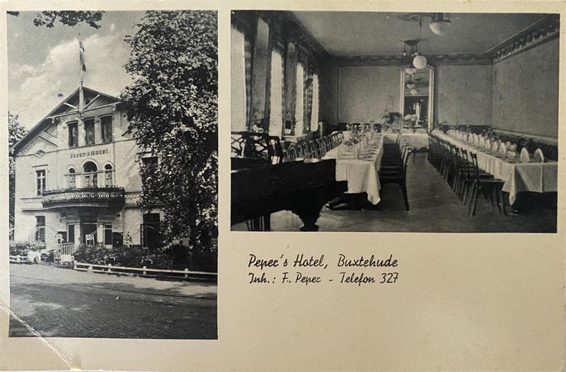 Verschwundene Orte: Dieser Buxtehuder ist im Hotel aufgewachsen Alte Postkarte von Peper's Hotel mit Foto vom Saal.