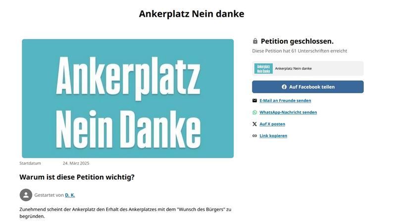 Am Montag dieser Woche wurde das TAGEBLATT auf eine Petition unter dem Titel „Ankerplatz Nein Danke“ aufmerksam.