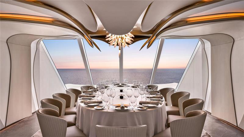 Meeresgiganten: 2025 schippern diese neuen Kreuzfahrtschiffe los Ambiente statt Action: Der Fokus bei Oceania Cruises liegt auf Kulinarik und Luxus. Das Bild zeigt den Privee-Bereich auf der „Vista“, dem Schwesterschiff der „Allura“ - ein Dinner-Séparée, das Gäste extra buchen können.