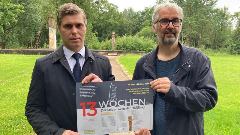 An das Leiden und Sterben der KZ-Häftlinge erinnert das Projekt „13 Wochen“. 80 Jahre nach den Häftlingen soll deren Weg vom Lager zum Einsatzort, im Herbst und Winter jeden Samstag nachgegangen werden.