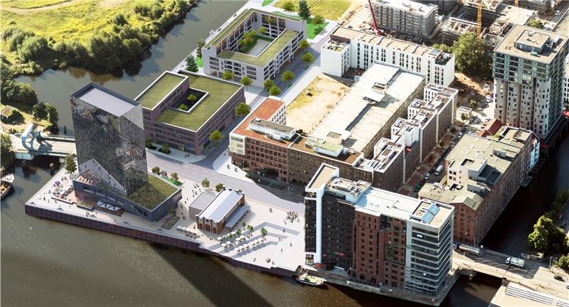 An den bestehenden Kaispeicher (rechts) schließen sich Außengastronomie, das Gebäude des Restaurants L‘Osteria und der 65 Meter hohe Hotelturm an. Grafik: Lorenz-Gruppe