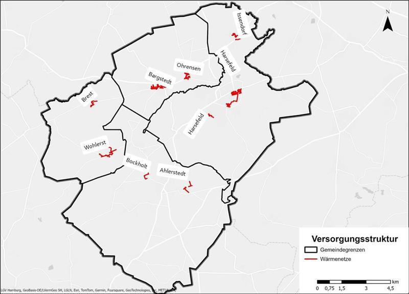 Wärmeplanung: An dieses Netz kann die Klimakommune Harsefeld anknüpfen An einigen Stellen gibt es bereits Wärmenetze (rot gekennzeichnet). Biogas, Holz und Erdgas sorgen hier in 633 Gebäuden für Wärme.