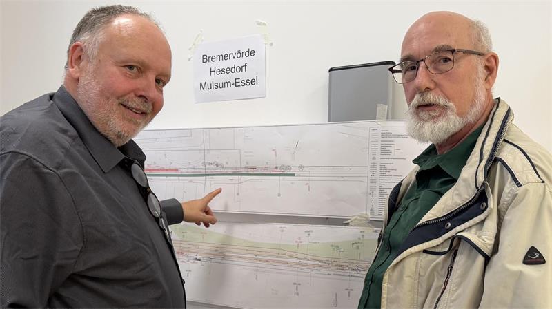 „Warten sehnsüchtig“: Das sagen Bürger zur Reaktivierung der Bahnstrecke Andreas Metz, Leiter evb-Netzbetrieb, erklärt Dr. Wolfgang Meyer-Antholz (rechts) die Maßnahmen an der Bahnstrecke.