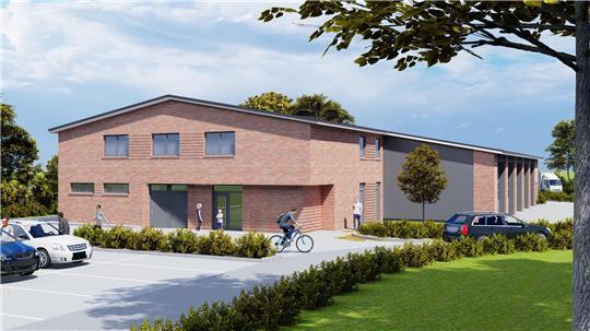 Ansicht von Südwest: Die Visualisierung zeigt das geplante Gerätehaus der vereinigten Ortsfeuerwehren Estebrügge und Königreich.