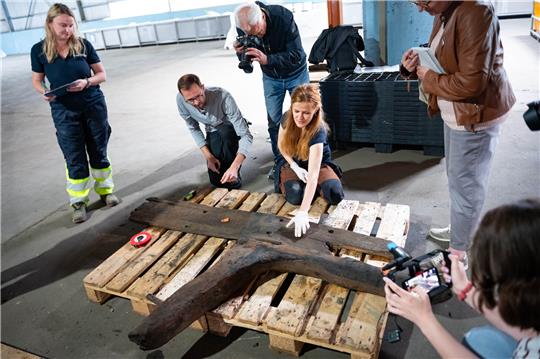 Archäologen erklären Journalisten die geborgenen Holzteile. In einer Lagerhalle wurden die ersten geborgenen Wrackteile eines Hanseschiffes präsentiert. Foto: Jonas Walzberg/dpa