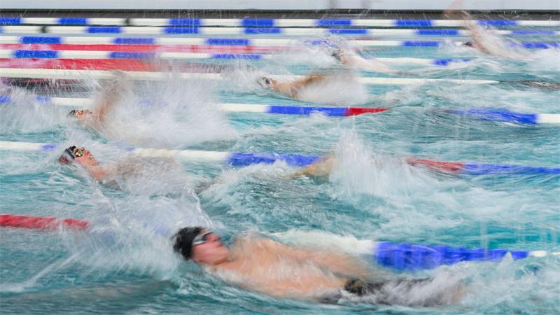 Athleten schwimmen im Becken bei der Deutschen Meisterschaft in Hannover.