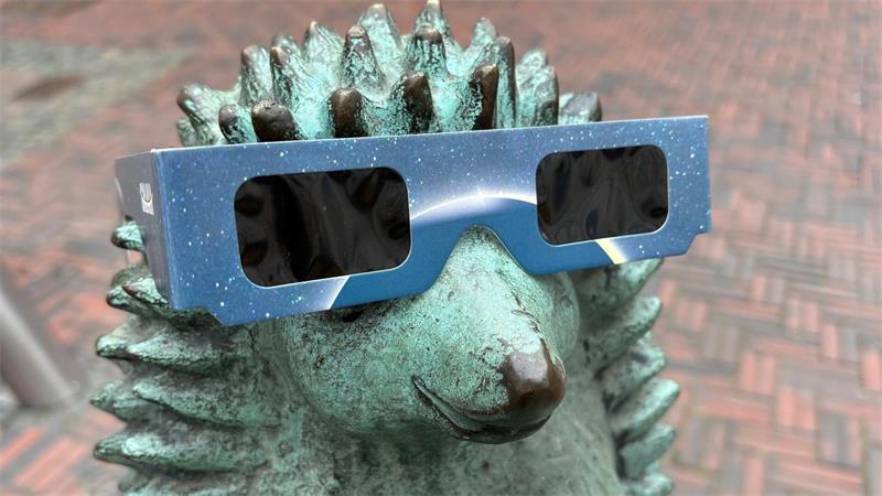 Auch der berühmte Buxtehuder Igel aus dem Märchen erwartet die partielle Sonnenfinsternis am Mittwoch, 12. August. Er trägt eine sogenannte Sonnenfinsternisbrille mit speziellem Schutzfilter.