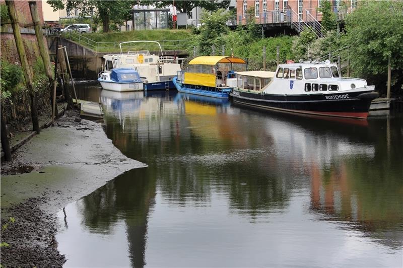 Auch im Buxtehuder Hafen ist bei Niedrigwasser Schlick zu sehen. Foto: Frank