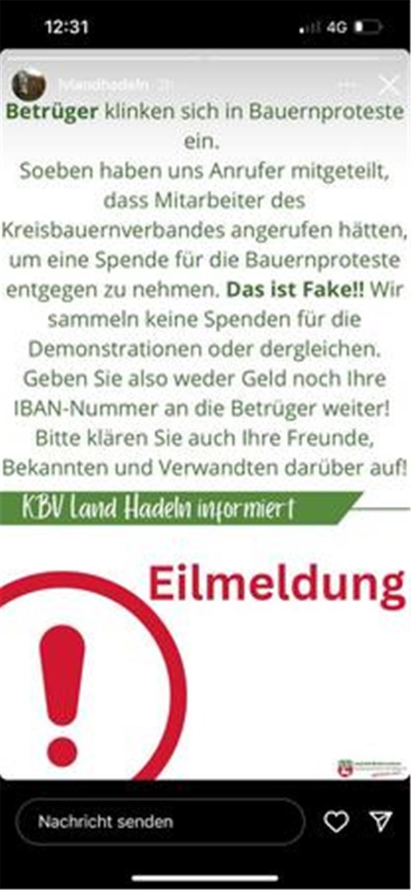Auf Instagram warnt das Landvolk Hadelner Land vor den Betrügern (Screenshot).