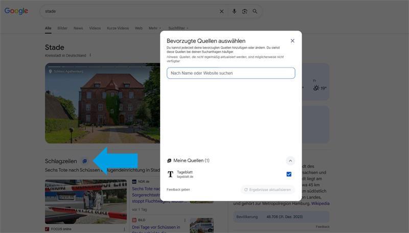 Keine News verpassen: So machen Sie das TAGEBLATT zur Top-Quelle bei Google Auf das Sternchen neben „Schlagzeilen“ klicken, im Pop-up-Fenster „tageblatt.de“ eintragen, Haken setzen, fertig.