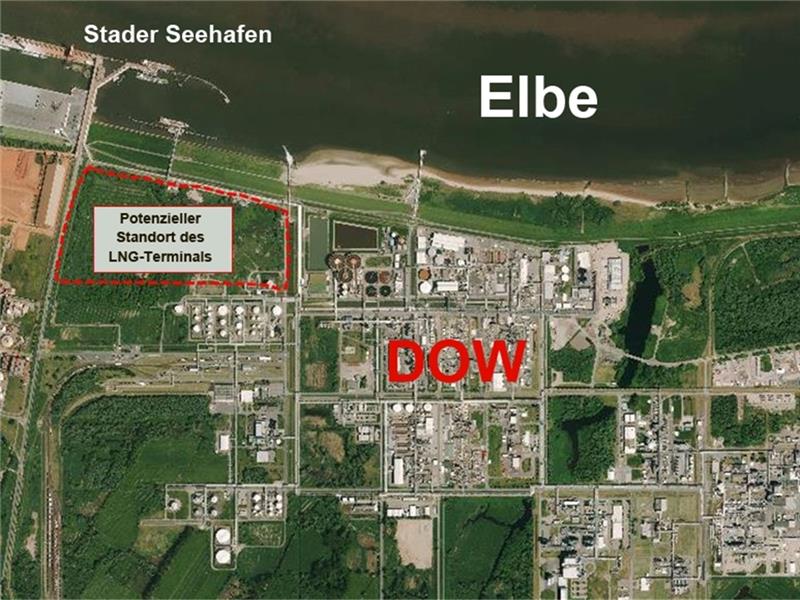 Auf dem Gelände der Dow direkt an der Elbe in Bützfleth könnte das LNG-Terminal gebaut werden. Geschätzte Kosten: 800 Millionen Euro.