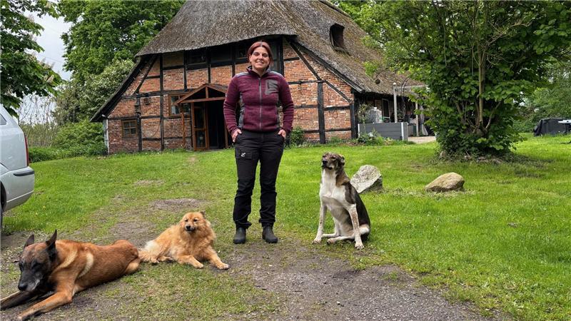 Auf dem Hundehof Ovelgönner Moor leben Hunde und Störche offenbar unbeeindruckt voneinander friedlich miteinander. Inhaberin Rabea Bée steht vor dem Reetdachhaus, auf dem sich ein Weißstorchenpaar ein Nest gebaut hat.