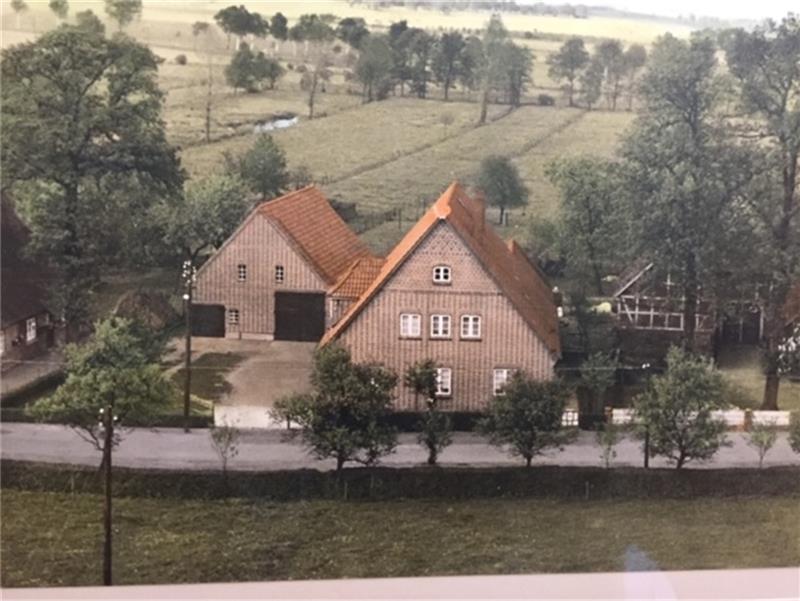 Auf der Aufnahme des Hofes der Familie Schönecke von 1953 sind noch das Moor und die Torfgrube hinter dem Hof zu erkennen. Foto: privat